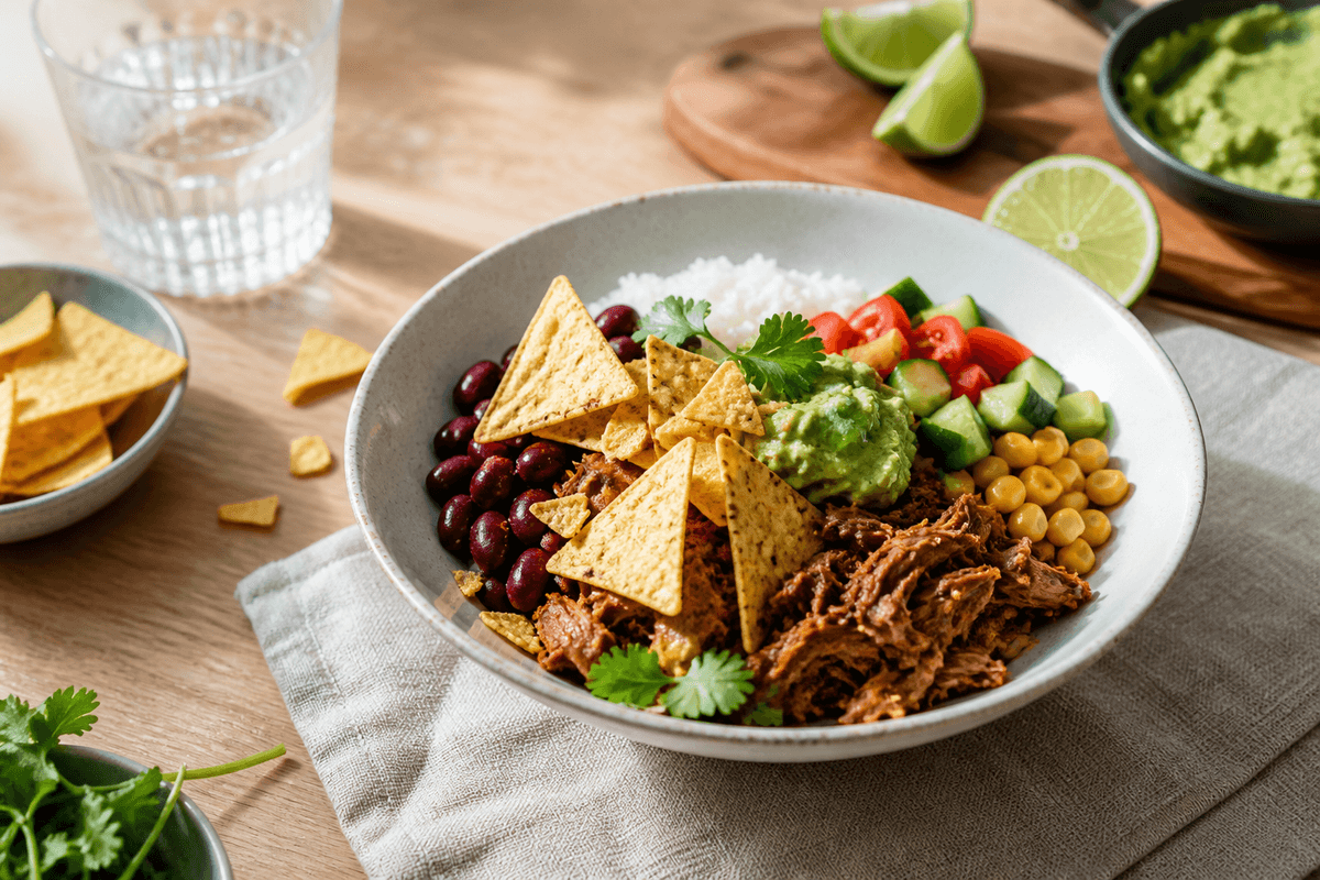 Mexibowl med chipotlebønner, majs og sprøde tortillaflager anrettet i Madblikkets lyse nordiske billedstil med rettens vigtigste råvarer tydeligt synlige