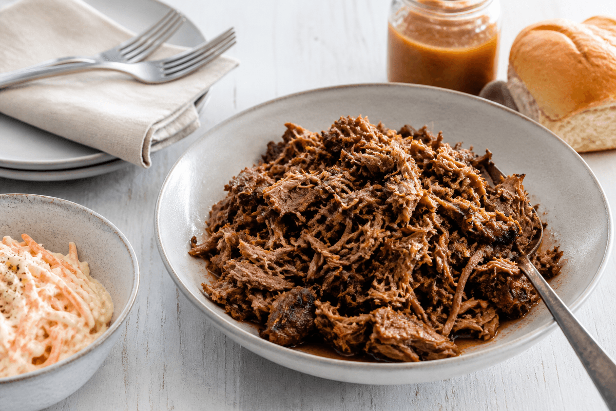 Langtidsstegt pulled pork med æblemost og fennikelfrø anrettet i Madblikkets lyse nordiske billedstil med rettens vigtigste råvarer tydeligt synlige