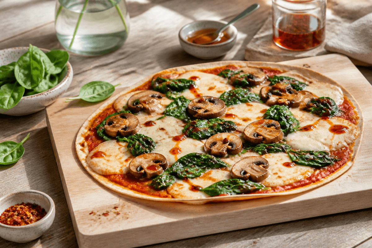 Tortillapizza med svampe, spinat og chili-honning anrettet i Madblikkets lyse nordiske billedstil med rettens vigtigste råvarer tydeligt synlige