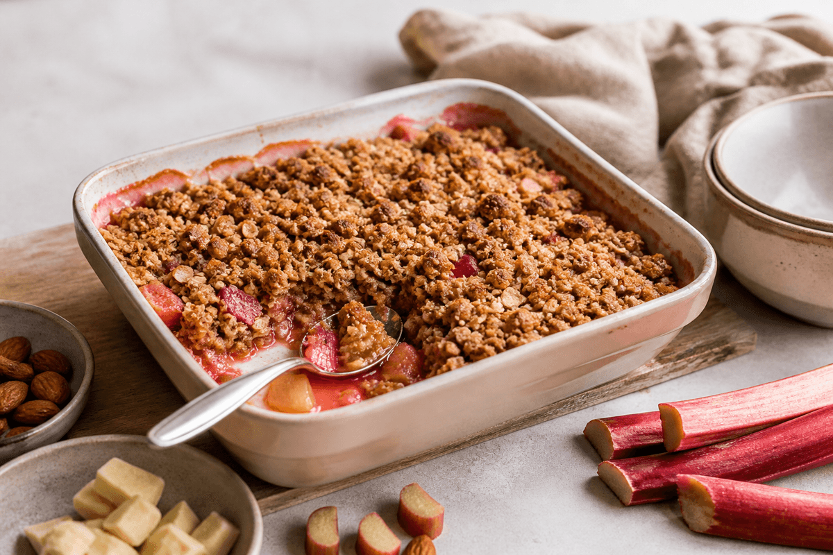Rabarbercrumble med marcipan, mandel og rug anrettet i Madblikkets lyse nordiske billedstil med rettens vigtigste råvarer tydeligt synlige