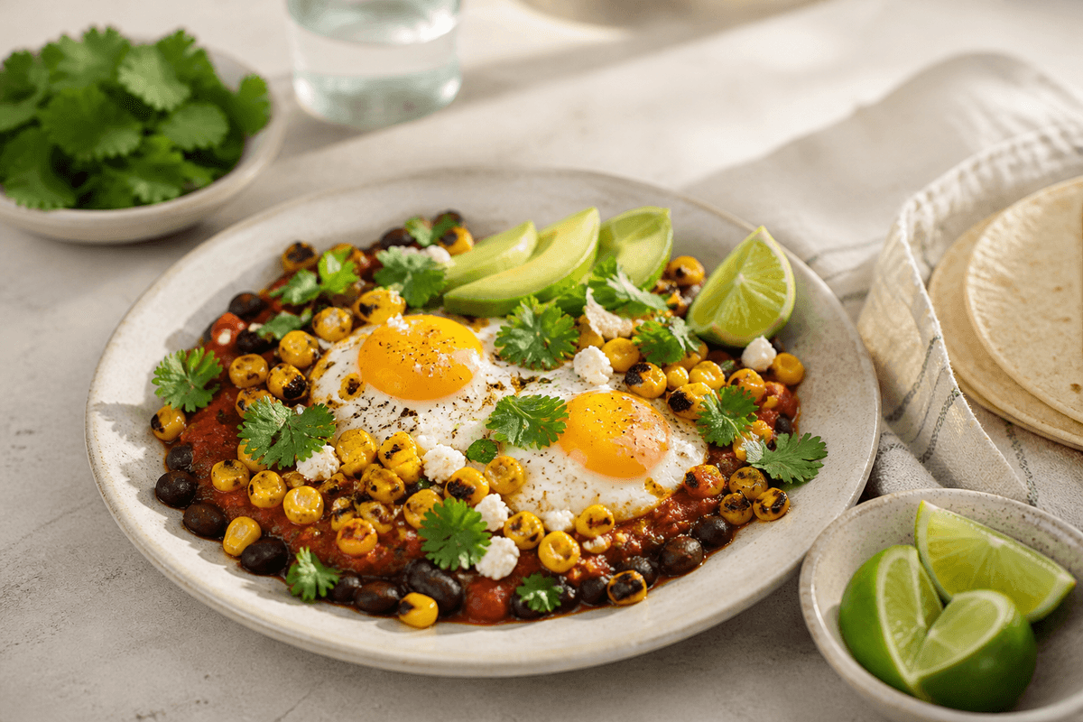 Huevos rancheros med sorte bønner og ristet majssalsa anrettet i Madblikkets lyse nordiske billedstil med rettens vigtigste råvarer tydeligt synlige