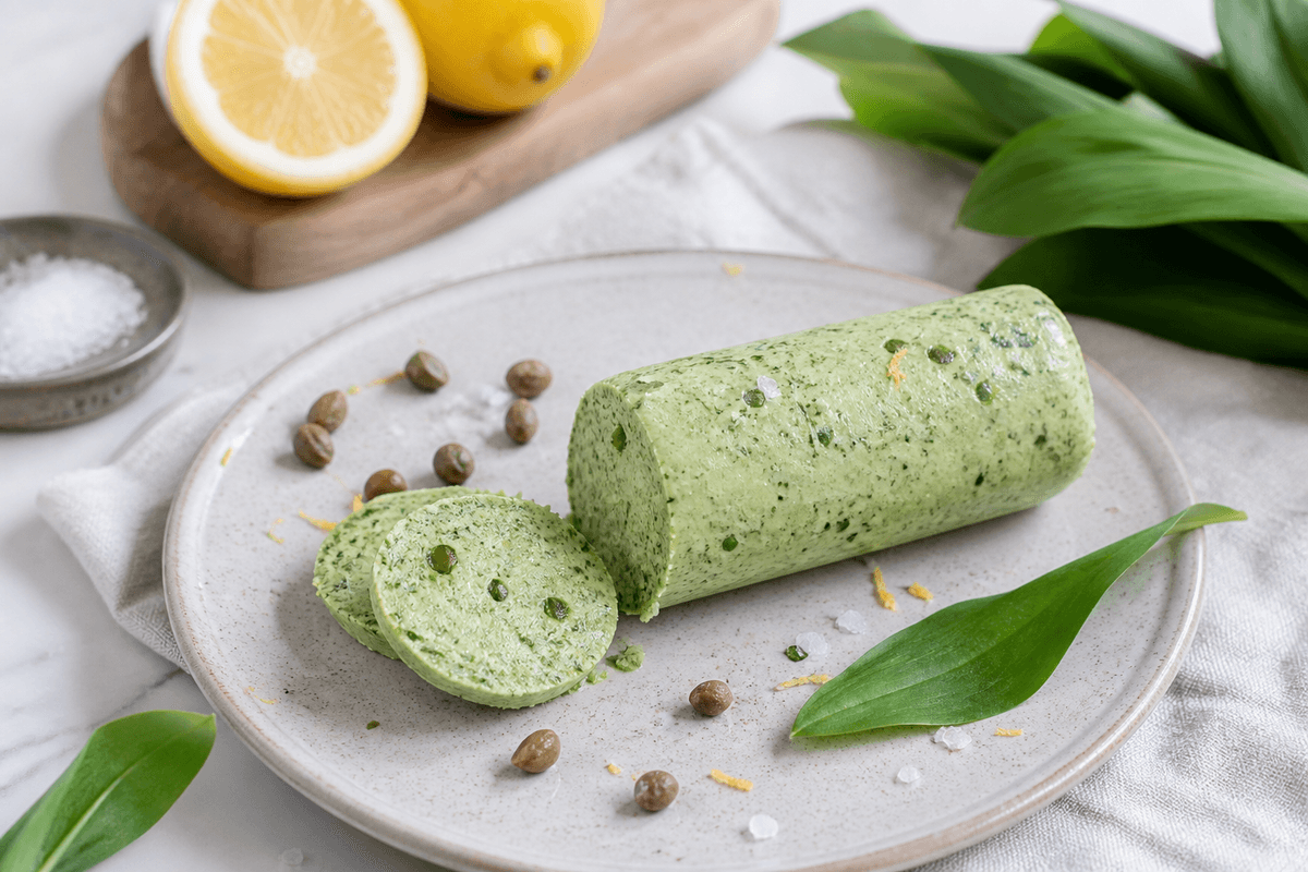 Ramsløgssmør med citron, kapers og flagesalt anrettet i Madblikkets lyse nordiske billedstil med rettens vigtigste råvarer tydeligt synlige