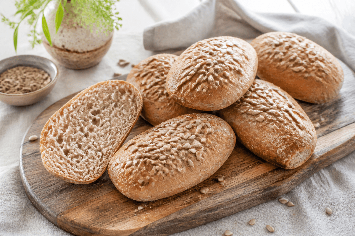 Fuldkornssandwichboller med havre og solsikkekerner anrettet i Madblikkets lyse nordiske billedstil med rettens vigtigste råvarer tydeligt synlige