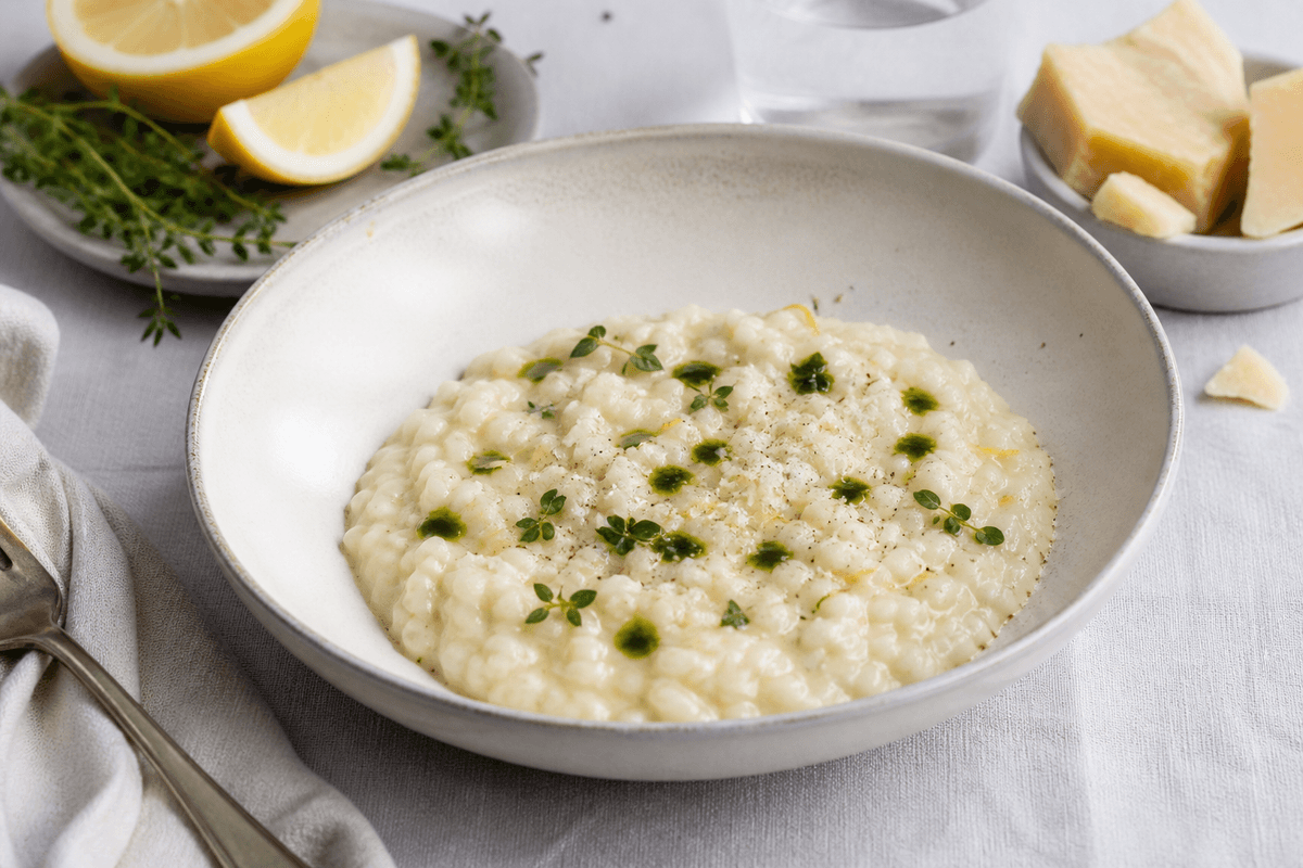 Sæsonrisotto med citron, parmesan og urteolie anrettet i Madblikkets lyse nordiske billedstil med rettens vigtigste råvarer tydeligt synlige