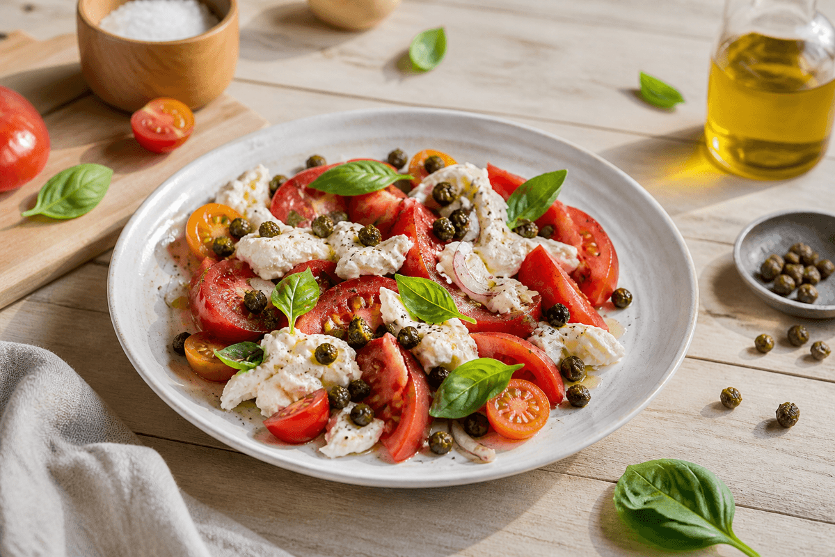 Tomatsalat med mozzarella, basilikum og sprøde kapers anrettet i Madblikkets lyse nordiske billedstil med rettens vigtigste råvarer tydeligt synlige