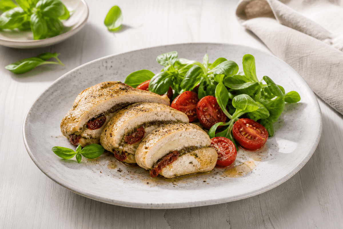 Fyldt kyllingebryst med pesto, mozzarella og ovntomater anrettet i Madblikkets lyse nordiske billedstil med rettens vigtigste råvarer tydeligt synlige