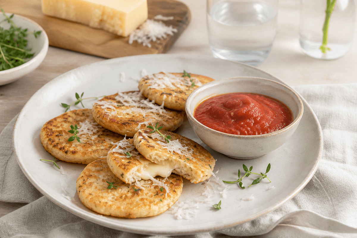 Sprøde risottodeller med mozzarella og tomatdip anrettet i Madblikkets lyse nordiske billedstil med rettens vigtigste råvarer tydeligt synlige