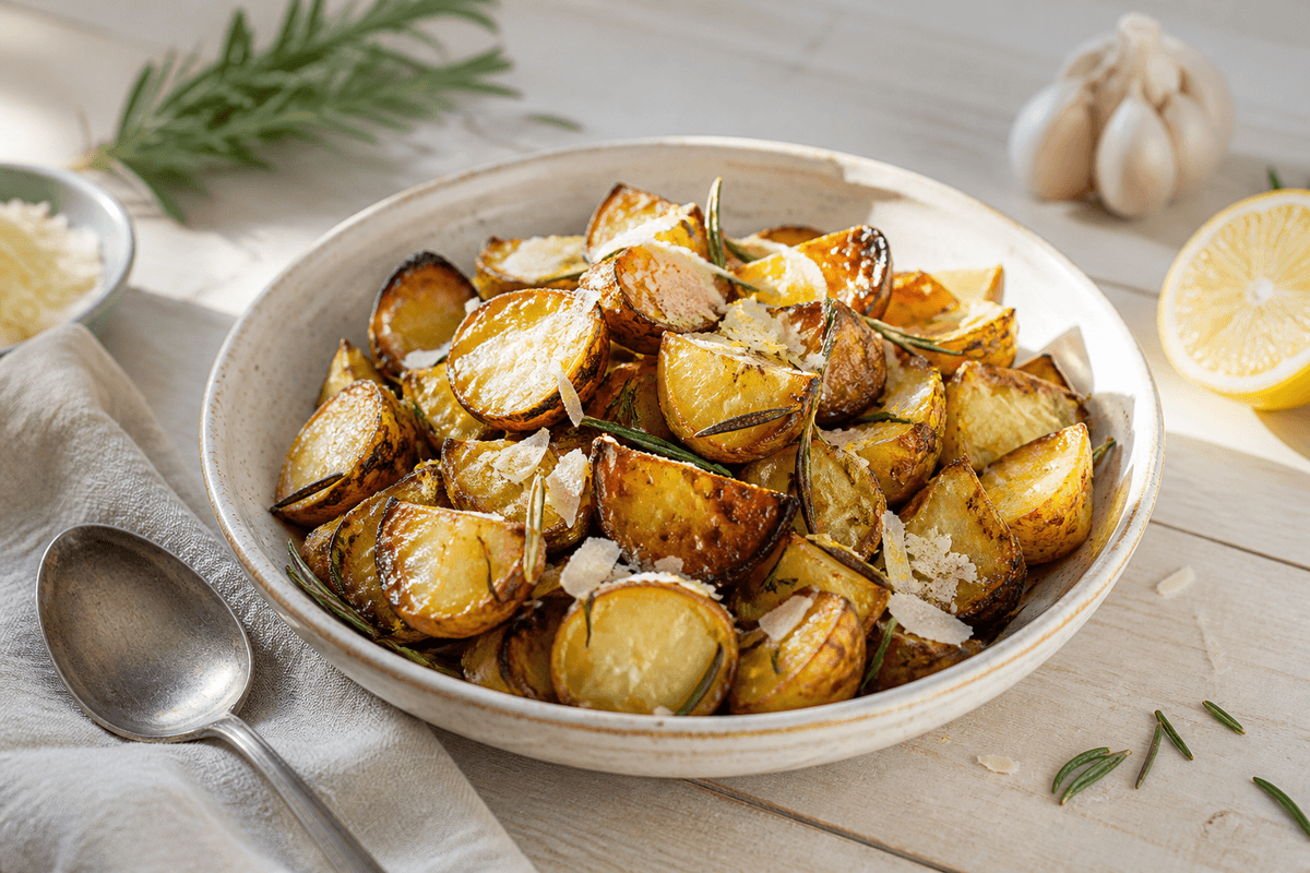 Rosmarinkartofler med citron, hvidløg og parmesan anrettet i Madblikkets lyse nordiske billedstil med rettens vigtigste råvarer tydeligt synlige