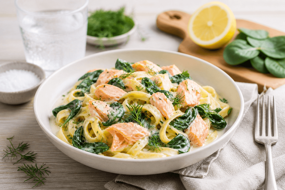 Pasta med laks, spinat og citronflødesauce anrettet i Madblikkets lyse nordiske billedstil med rettens vigtigste råvarer tydeligt synlige