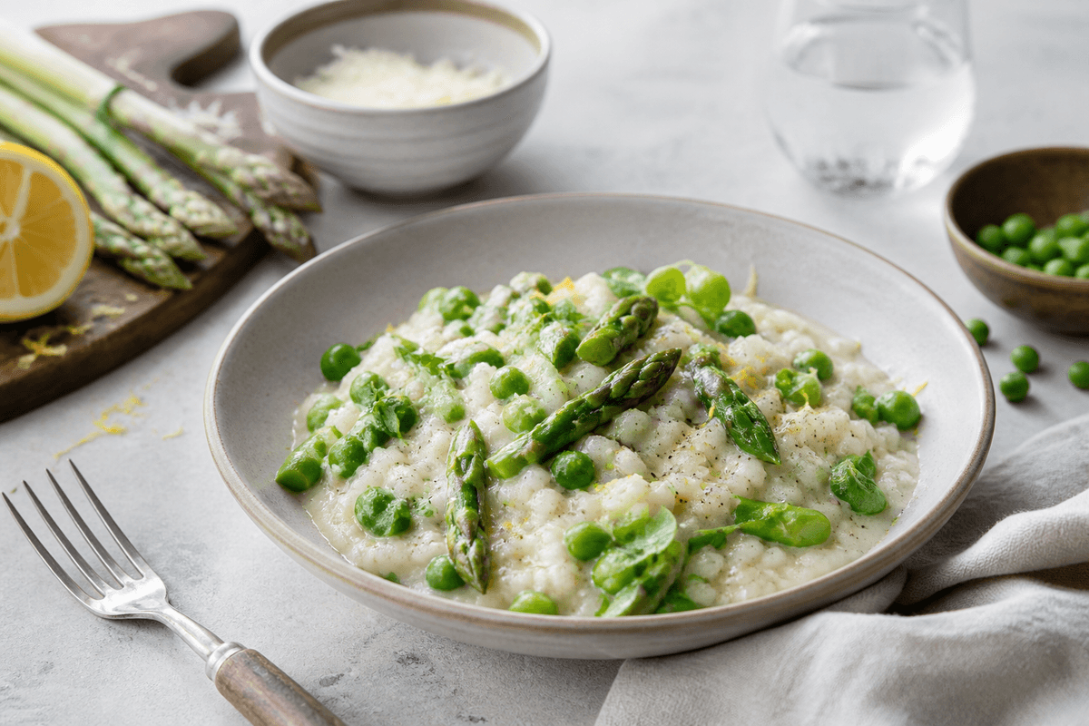 Aspargesrisotto med citron, ærter og pecorino anrettet i Madblikkets lyse nordiske billedstil med rettens vigtigste råvarer tydeligt synlige
