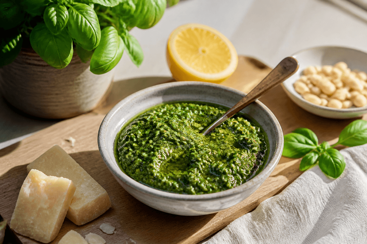 Basilikumpesto med mandel, citron og lagret ost anrettet i Madblikkets lyse nordiske billedstil med rettens vigtigste råvarer tydeligt synlige