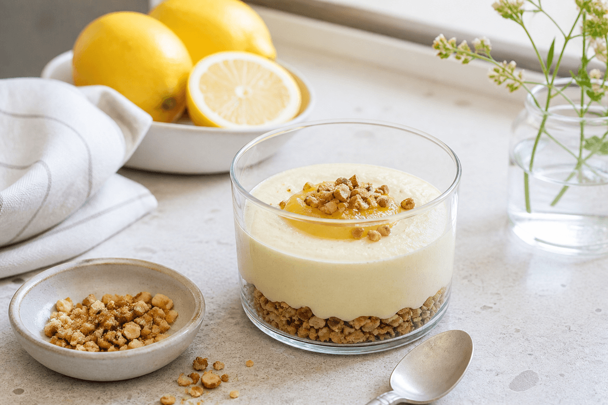 Citronfromage med vanilje, skyr og mandelknas anrettet i Madblikkets lyse nordiske billedstil med rettens vigtigste råvarer tydeligt synlige