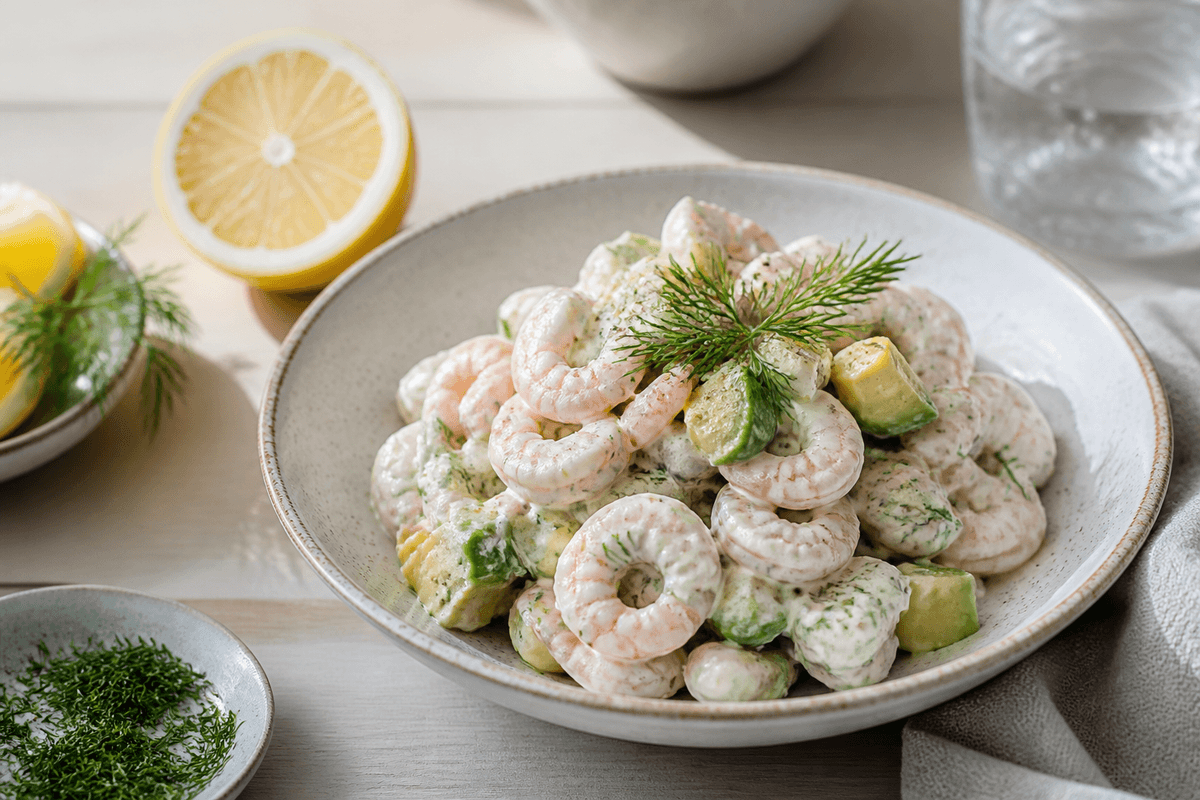 Rejesalat med dild, avocado og citron anrettet i Madblikkets lyse nordiske billedstil med rettens vigtigste råvarer tydeligt synlige