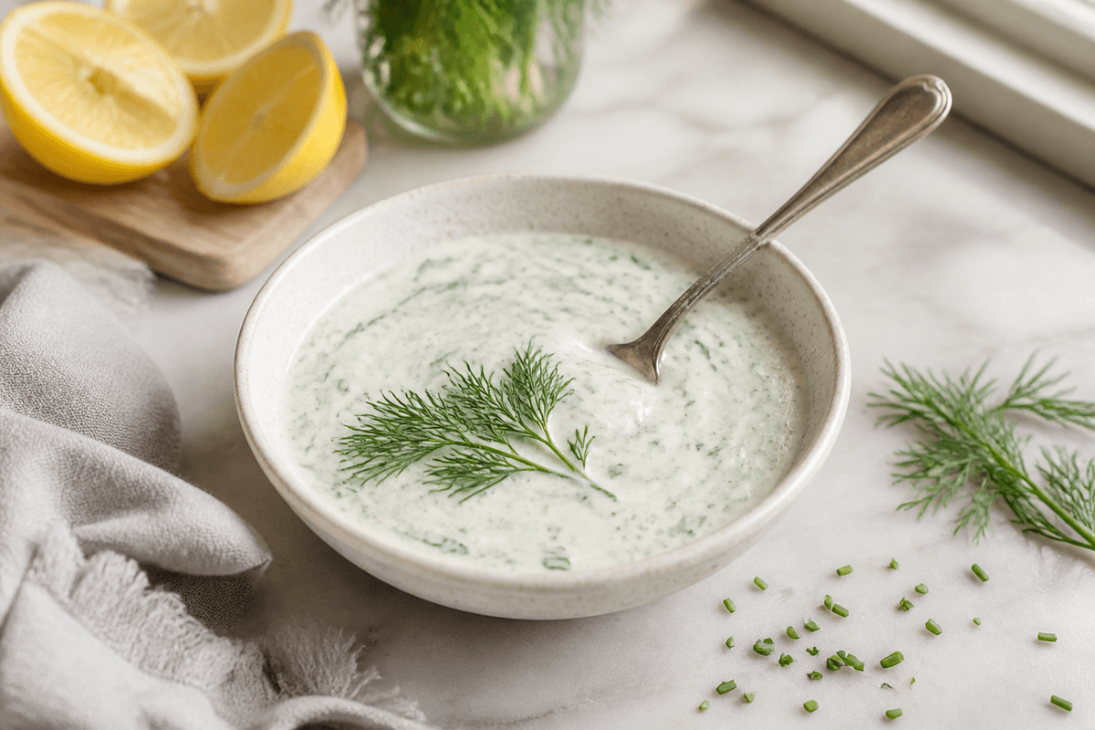 Dilddressing med citron, skyr og sennep anrettet i Madblikkets lyse nordiske billedstil med rettens vigtigste råvarer tydeligt synlige