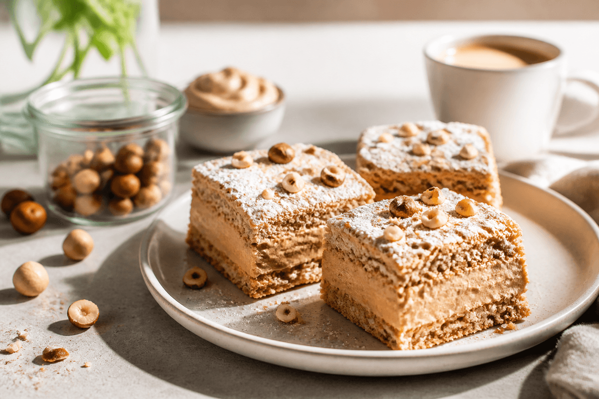 Fragilité med hasselnød, nougatcreme og kaffe anrettet i Madblikkets lyse nordiske billedstil med rettens vigtigste råvarer tydeligt synlige