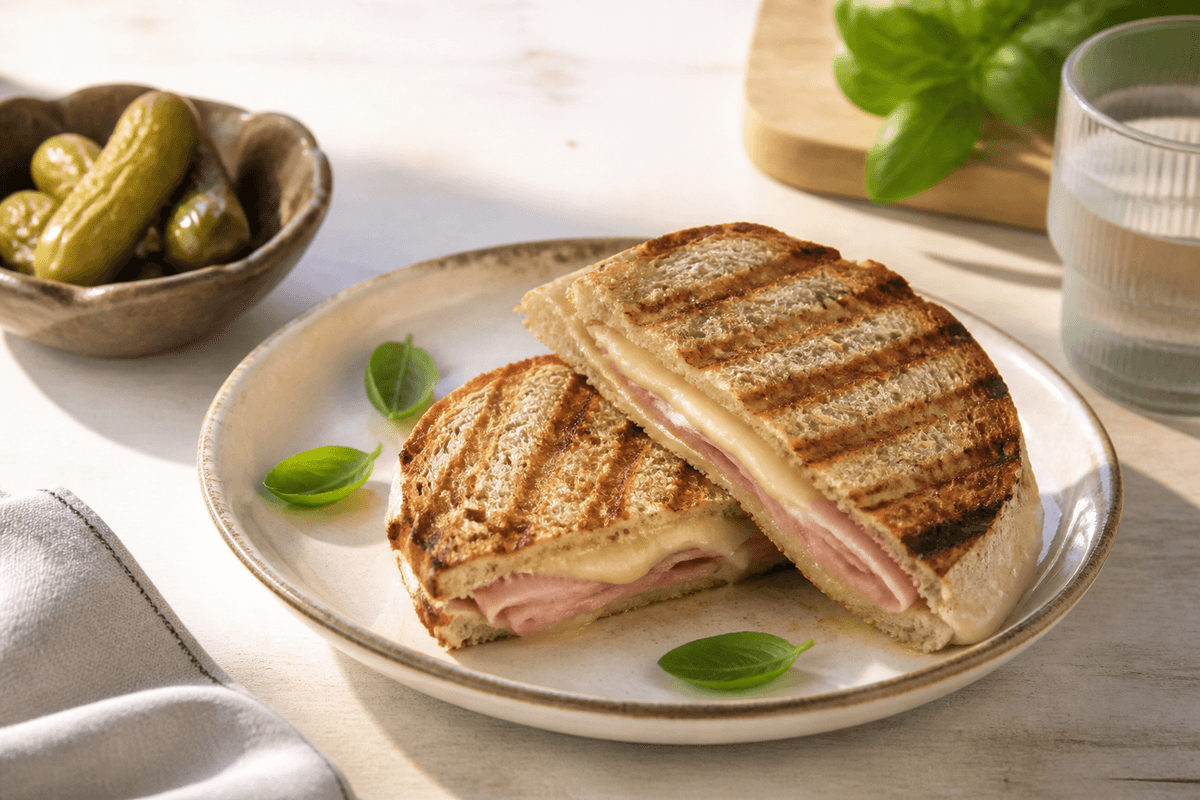 Toast med skinke, havarti og dijonsmør anrettet i Madblikkets lyse nordiske billedstil med rettens vigtigste råvarer tydeligt synlige