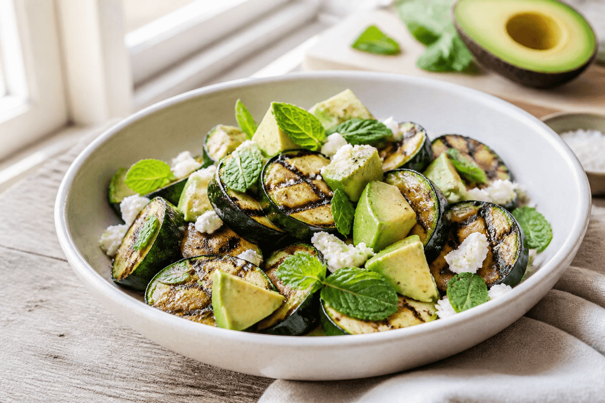 Grillet squashsalat med avocado, mynte og feta anrettet i Madblikkets lyse nordiske billedstil med rettens vigtigste råvarer tydeligt synlige