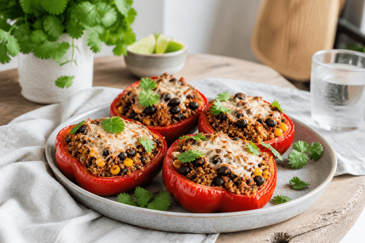 Fyldte peberfrugter med quinoa, sorte bønner og majs anrettet i Madblikkets lyse nordiske billedstil med rettens vigtigste råvarer tydeligt synlige