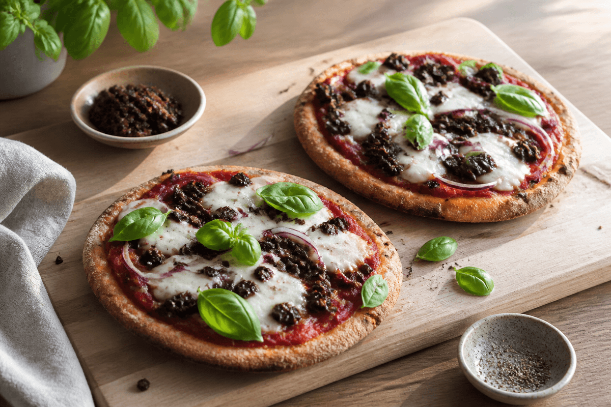 Pitapizza med tomat, mozzarella og oliventapenade anrettet i Madblikkets lyse nordiske billedstil med rettens vigtigste råvarer tydeligt synlige