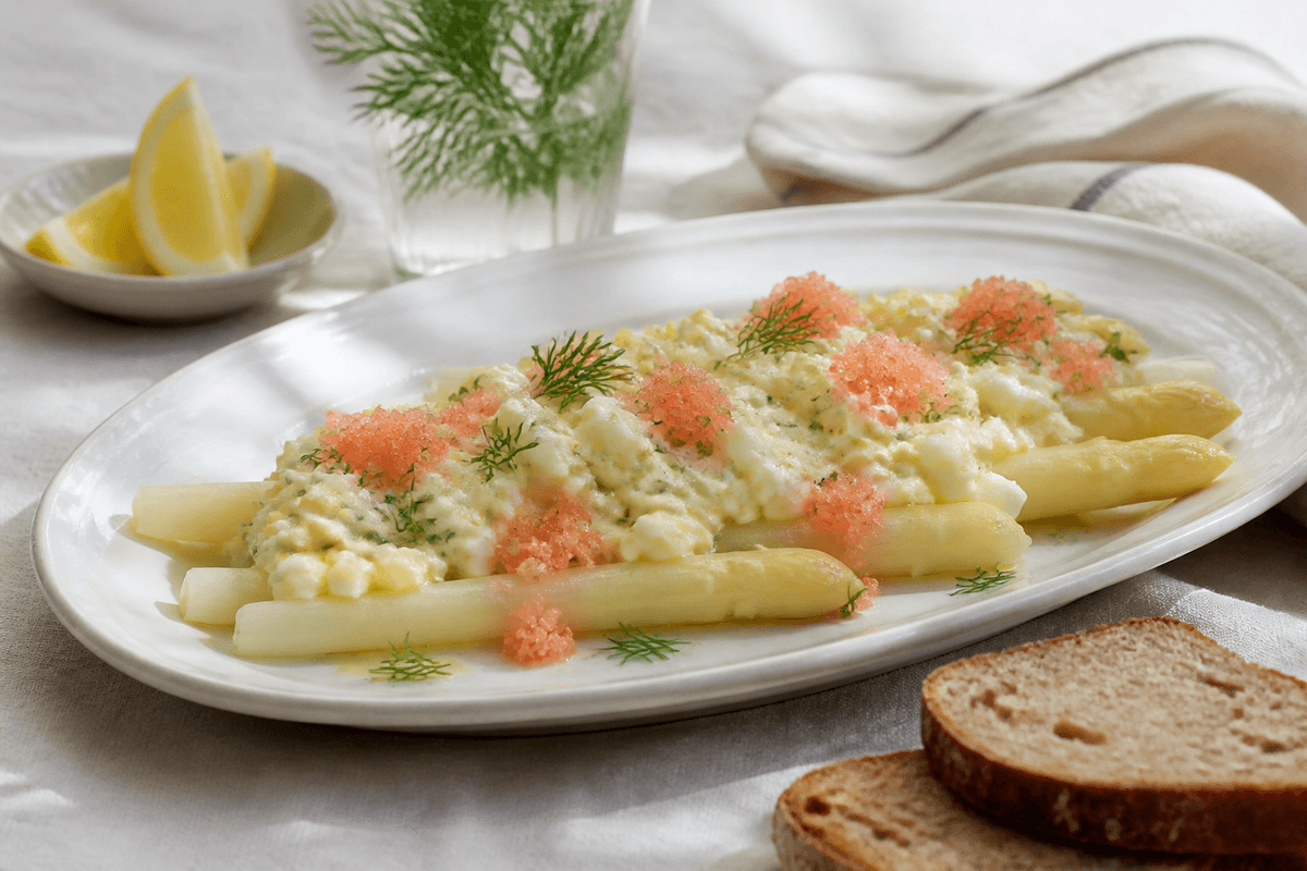 Hvide asparges med hakkede æg, dild og stenbiderrogn anrettet i Madblikkets lyse nordiske billedstil med rettens vigtigste råvarer tydeligt synlige