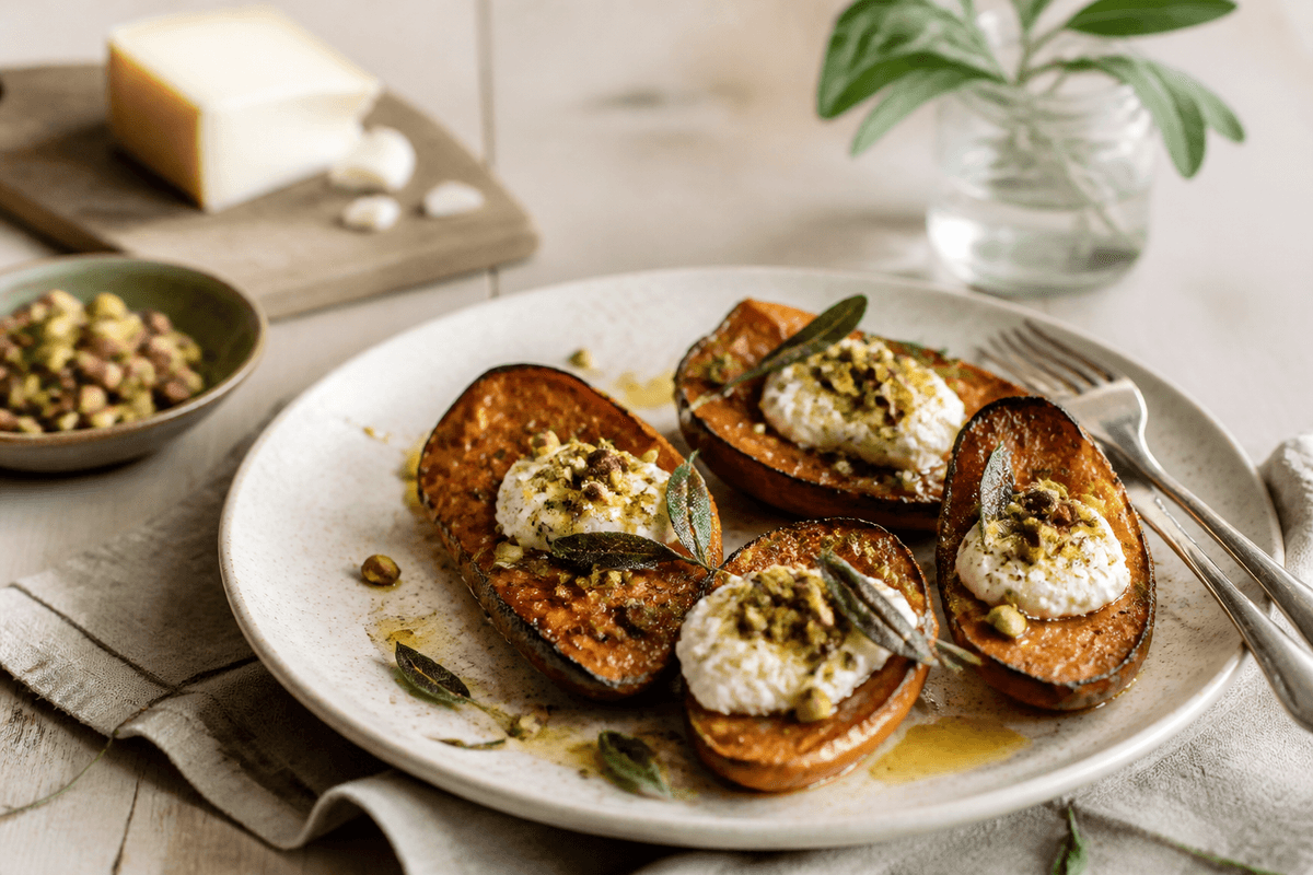 Bagt butternut med rygeost, pistacie og salvie anrettet i Madblikkets lyse nordiske billedstil med rettens vigtigste råvarer tydeligt synlige