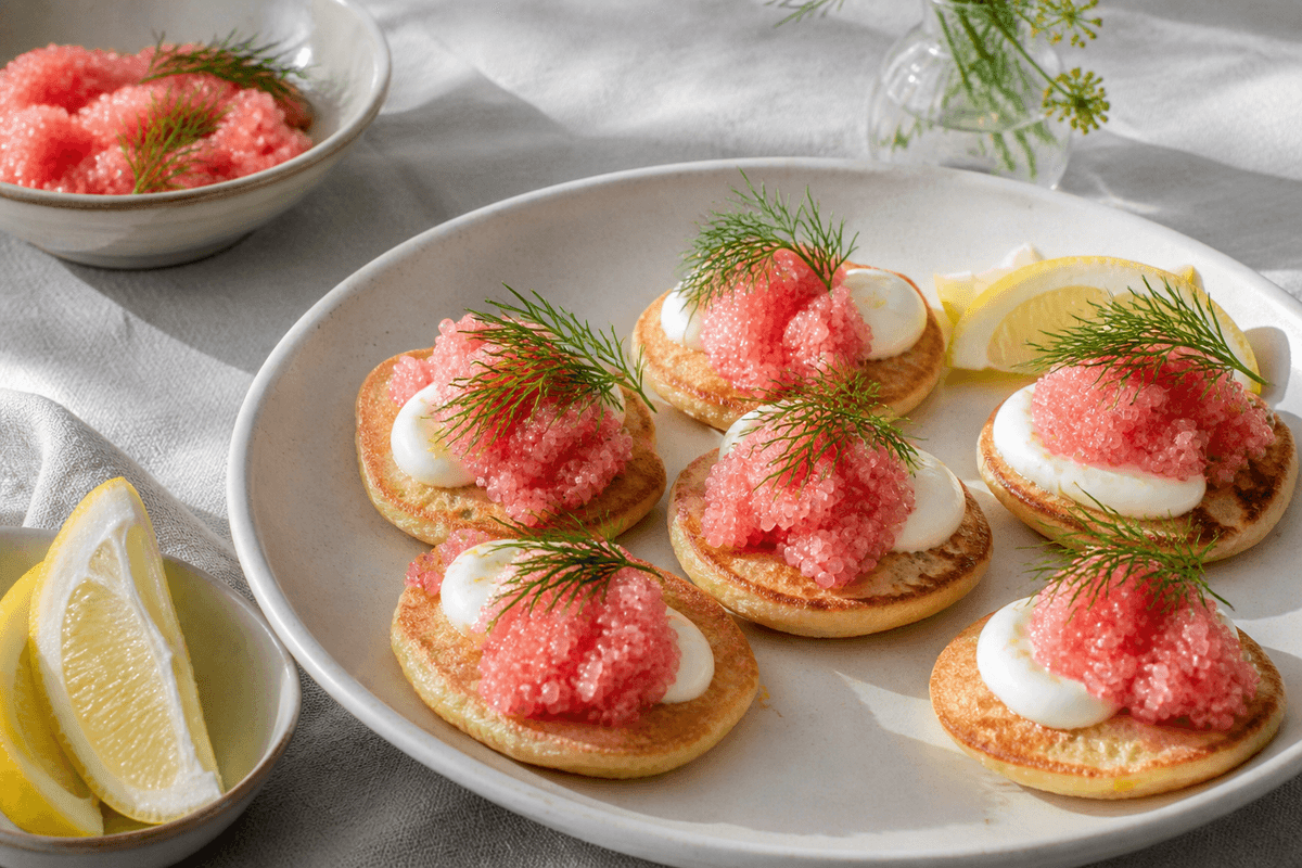 Blinis med stenbiderrogn, dild og citroncreme anrettet i Madblikkets lyse nordiske billedstil med rettens vigtigste råvarer tydeligt synlige