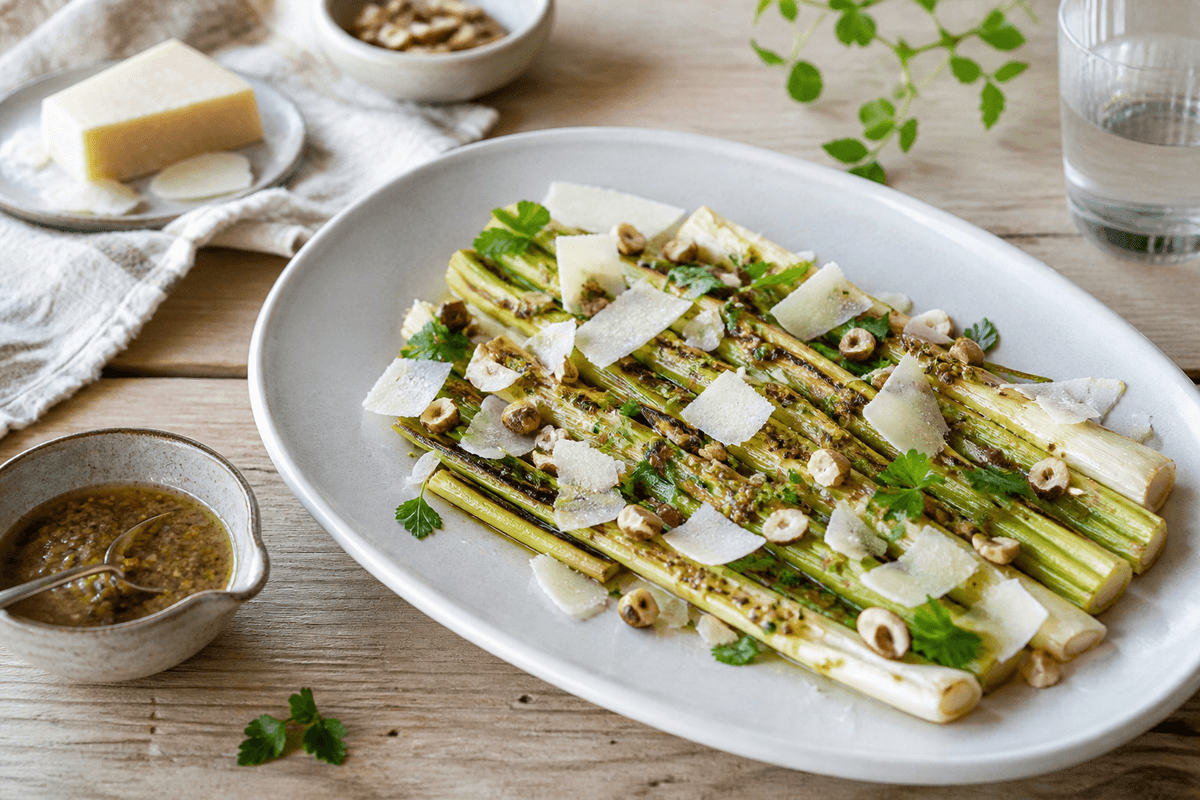 Bagte porrer med sennepsvinaigrette og parmesan anrettet i Madblikkets lyse nordiske billedstil med rettens vigtigste råvarer tydeligt synlige