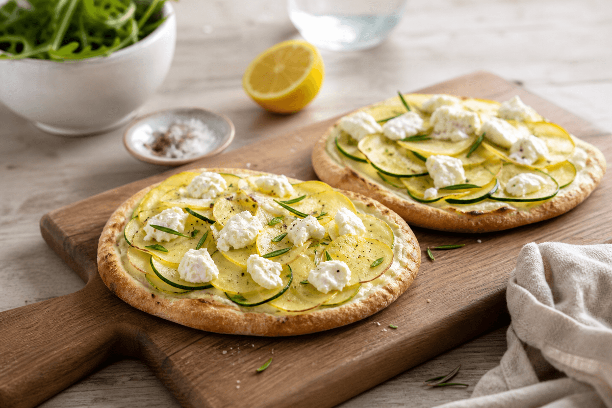 Pitapizza med kartoffel, rosmarin og citronricotta anrettet i Madblikkets lyse nordiske billedstil med rettens vigtigste råvarer tydeligt synlige