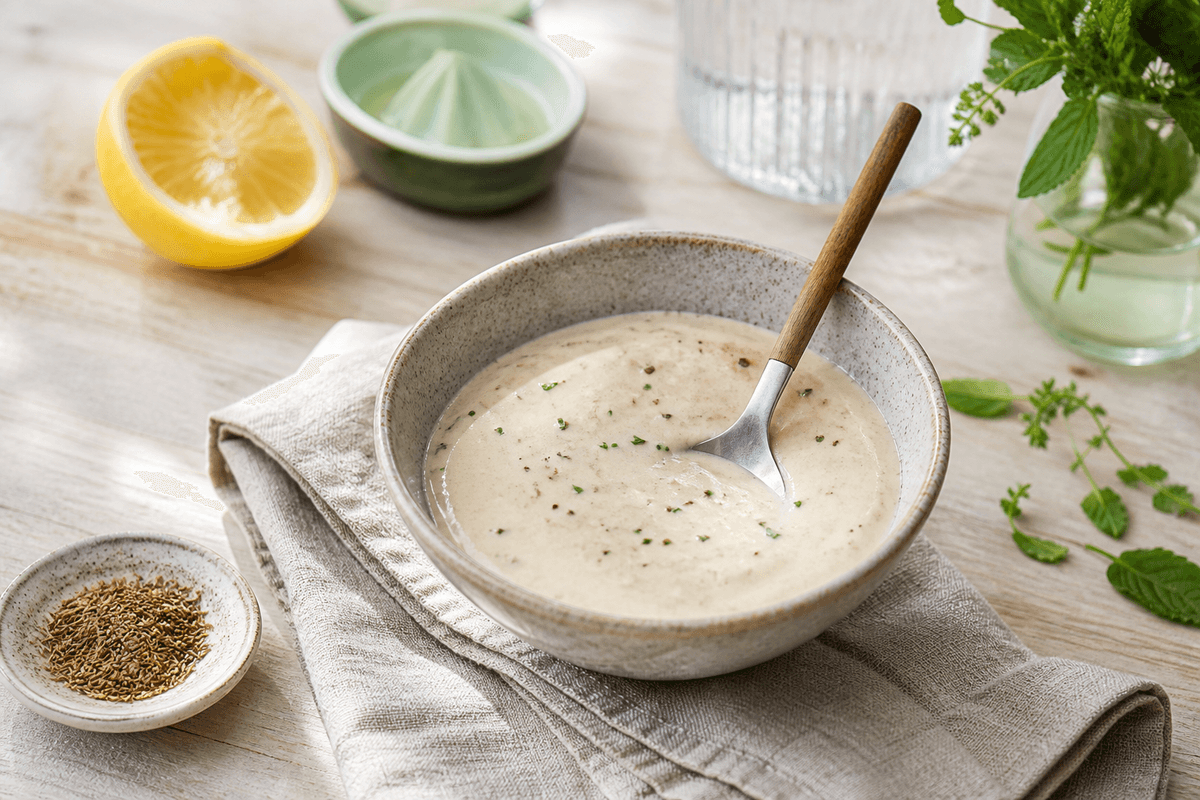 Tahindressing med citron, yoghurt og spidskommen anrettet i Madblikkets lyse nordiske billedstil med rettens vigtigste råvarer tydeligt synlige