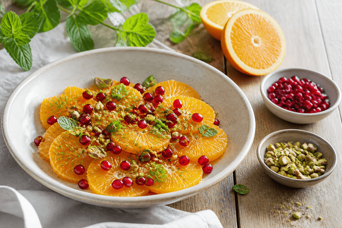 Appelsinsalat med granatæble, mynte og pistacie anrettet i Madblikkets lyse nordiske billedstil med rettens vigtigste råvarer tydeligt synlige