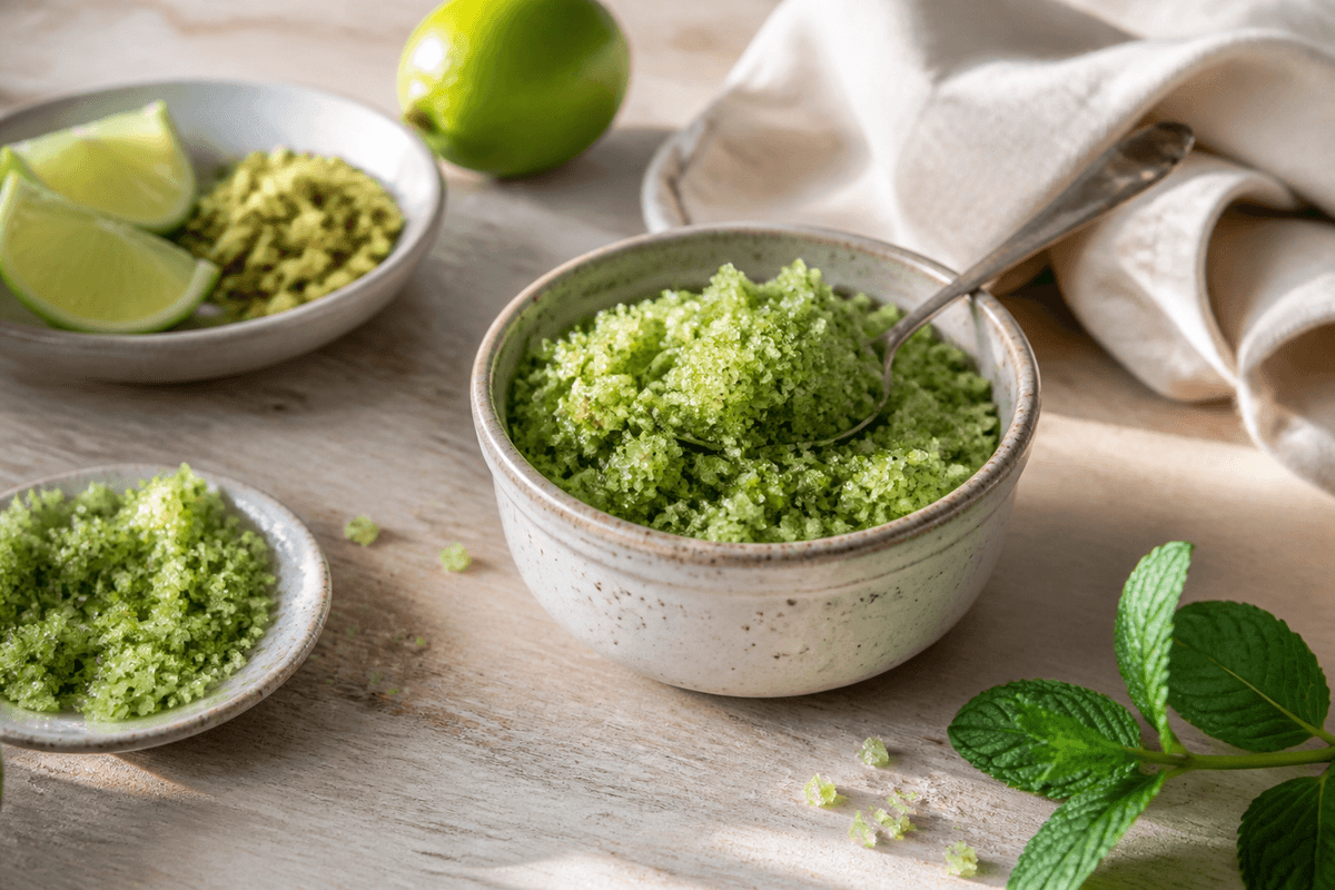 Myntesukker med lime og grøn pistacie anrettet i Madblikkets lyse nordiske billedstil med rettens vigtigste råvarer tydeligt synlige