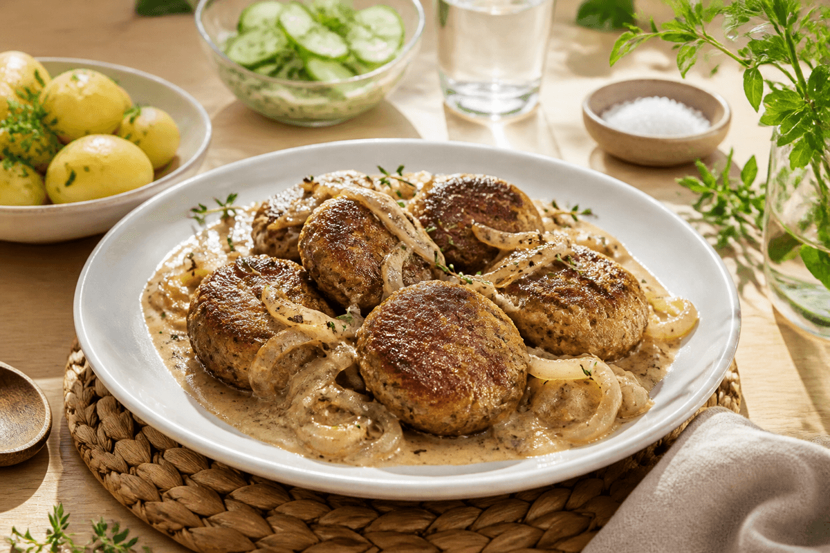 Klassiske frikadeller med brunet løg og timiansky anrettet i Madblikkets lyse nordiske billedstil med rettens vigtigste råvarer tydeligt synlige