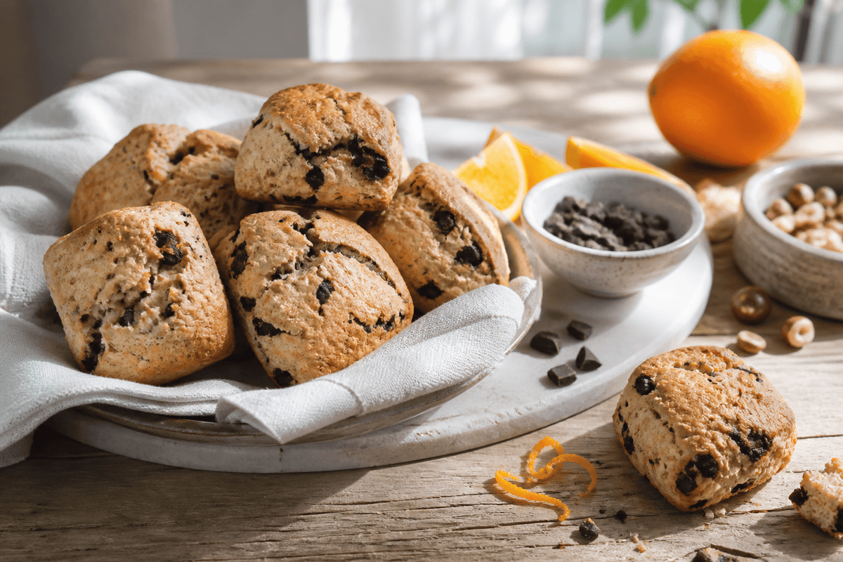 Chokoladescones med appelsin og hasselnød anrettet i Madblikkets lyse nordiske billedstil med rettens vigtigste råvarer tydeligt synlige