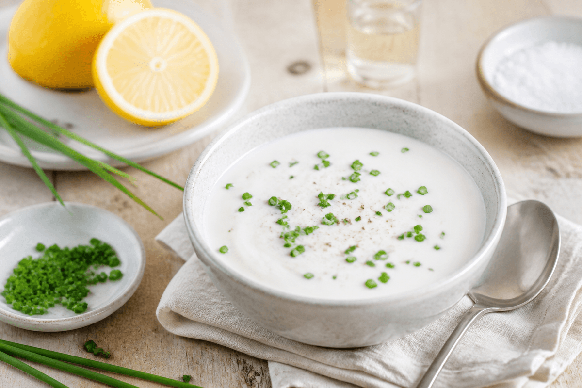 Mormordressing med fløde, citron og purløg anrettet i Madblikkets lyse nordiske billedstil med rettens vigtigste råvarer tydeligt synlige