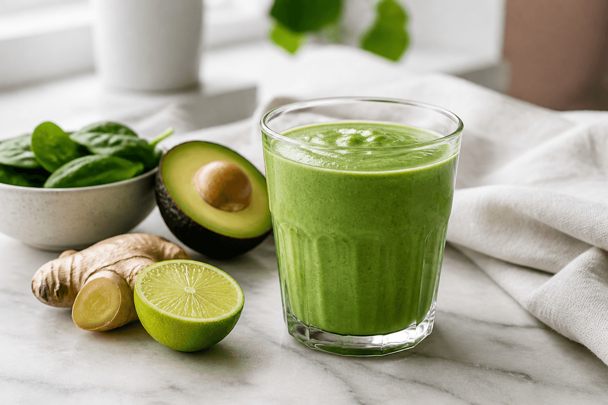 Avocadosmoothie med spinat, lime og ingefær anrettet i Madblikkets lyse nordiske billedstil med rettens vigtigste råvarer tydeligt synlige