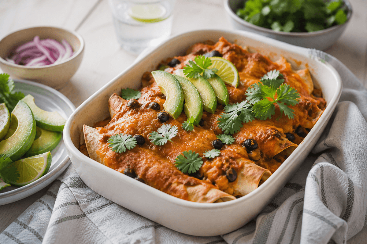 Okseenchiladas med sorte bønner og røget tomatsauce anrettet i Madblikkets lyse nordiske billedstil med rettens vigtigste råvarer tydeligt synlige