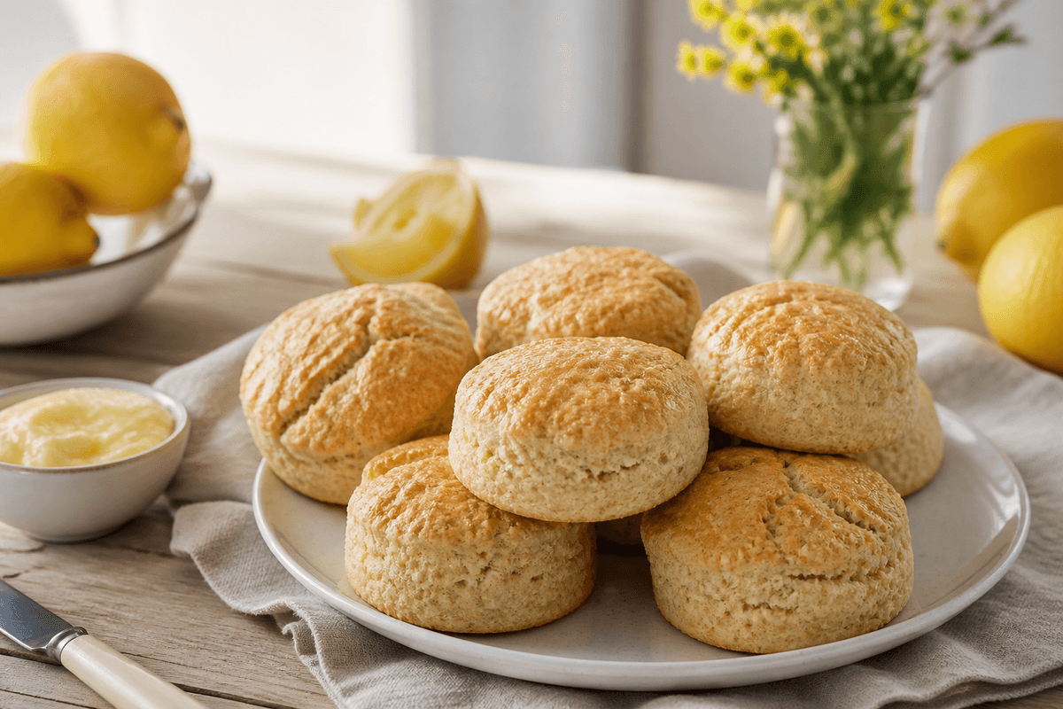 Engelske scones med kærnemælk og citronskal anrettet i Madblikkets lyse nordiske billedstil med rettens vigtigste råvarer tydeligt synlige