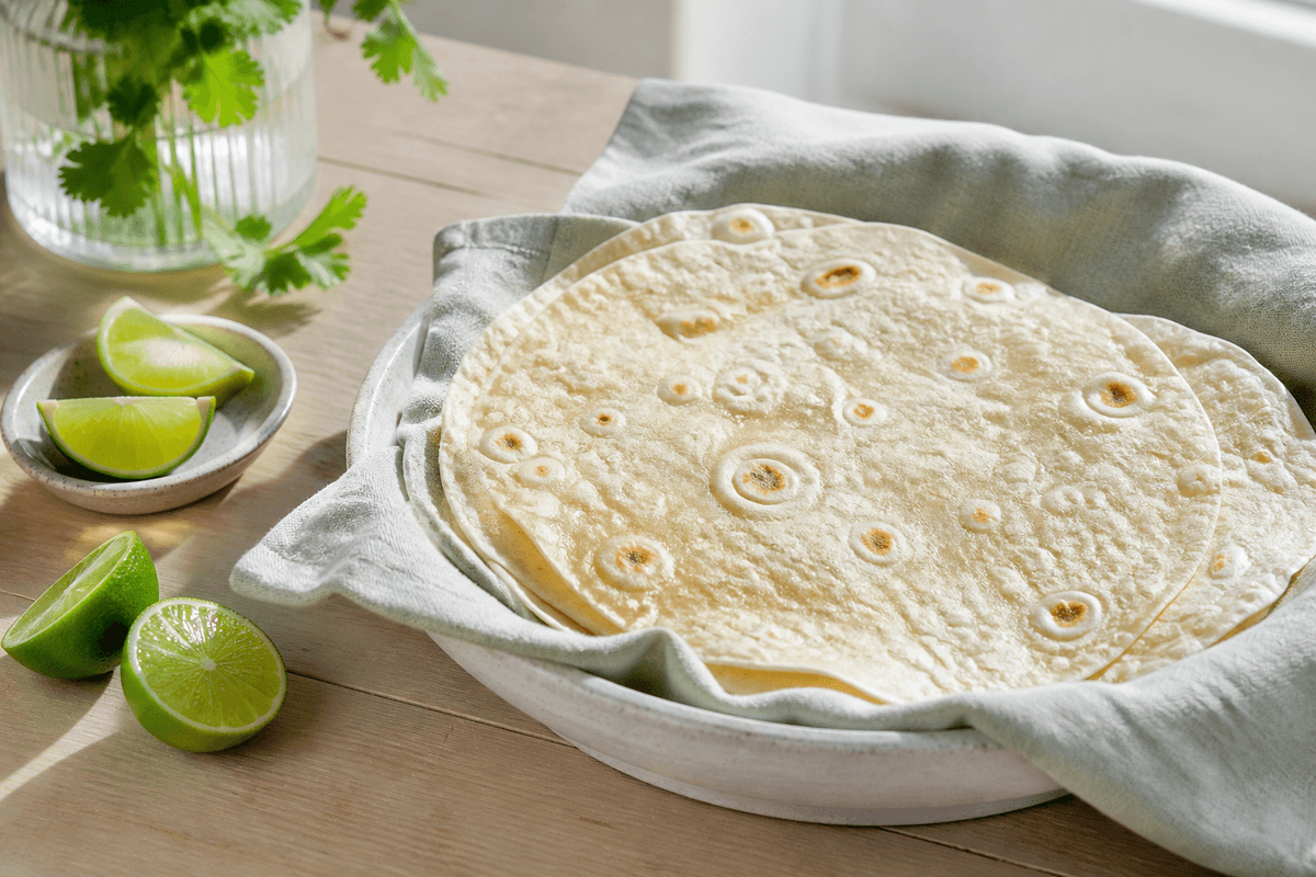 Hjemmelavede tortillas med fuldkorn og lime anrettet i Madblikkets lyse nordiske billedstil med rettens vigtigste råvarer tydeligt synlige