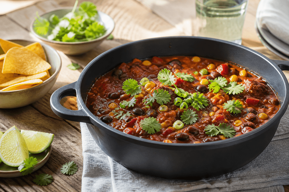 Chili sin carne med kakao, sorte bønner og majs anrettet i Madblikkets lyse nordiske billedstil med rettens vigtigste råvarer tydeligt synlige