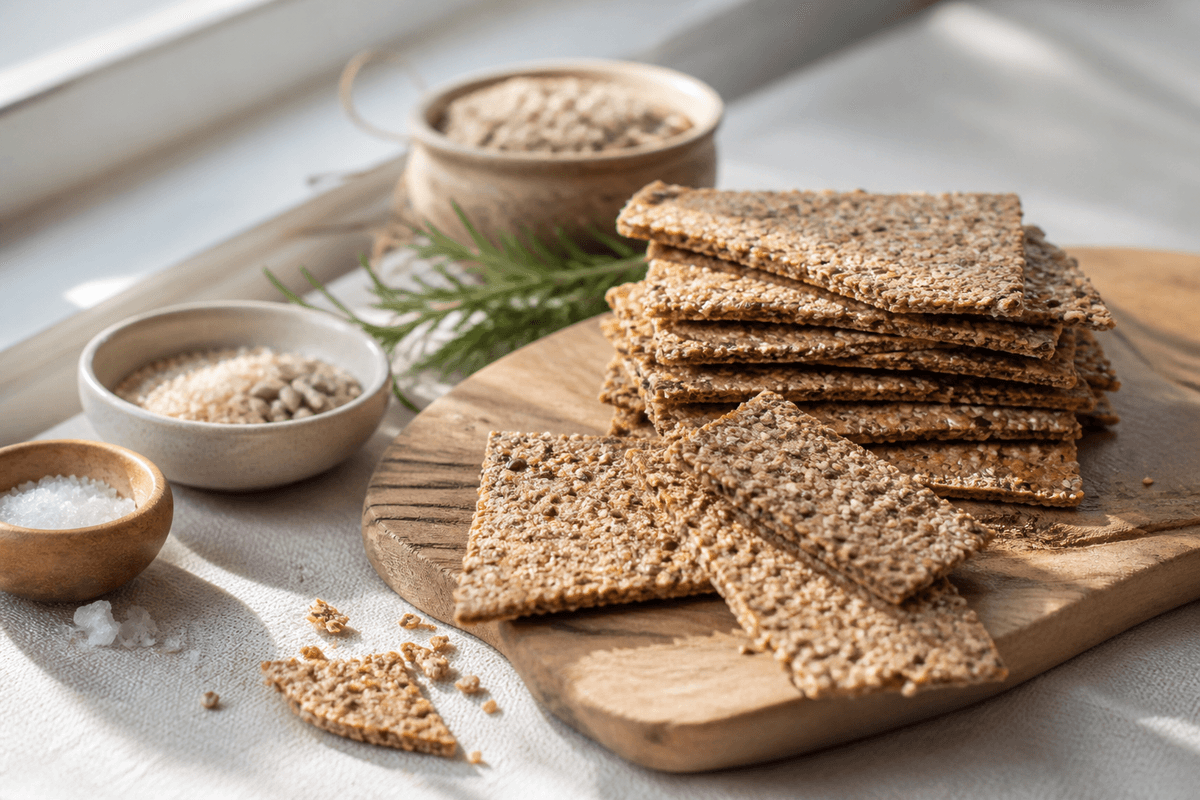 Kerneknaekbrød med rug, sesam og rosmarin anrettet i Madblikkets lyse nordiske billedstil med rettens vigtigste råvarer tydeligt synlige