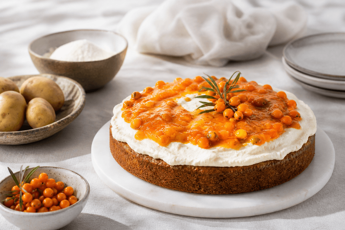 Kage med kartofler og mascarponecreme med havtorn anrettet i Madblikkets lyse nordiske billedstil med rettens vigtigste råvarer tydeligt synlige