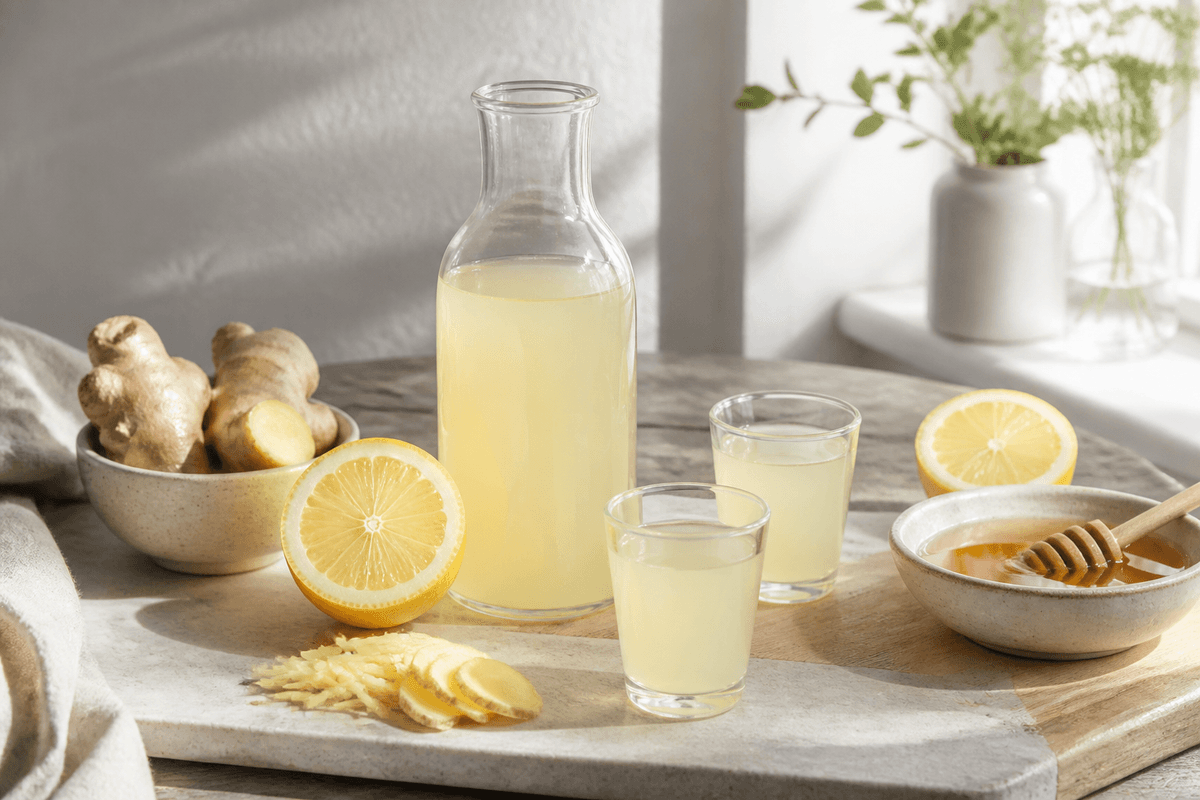 Ingefærshot med citron og honning anrettet i Madblikkets lyse nordiske billedstil med rettens vigtigste råvarer tydeligt synlige