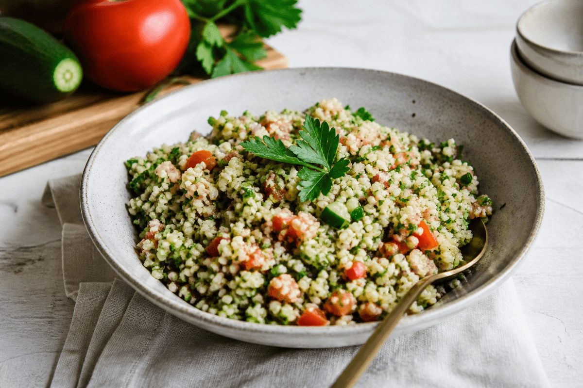 Tabouleh salat med bulgur, tomat, rødløg og agurk anrettet i Madblikkets lyse nordiske billedstil med rettens vigtigste råvarer tydeligt synlige