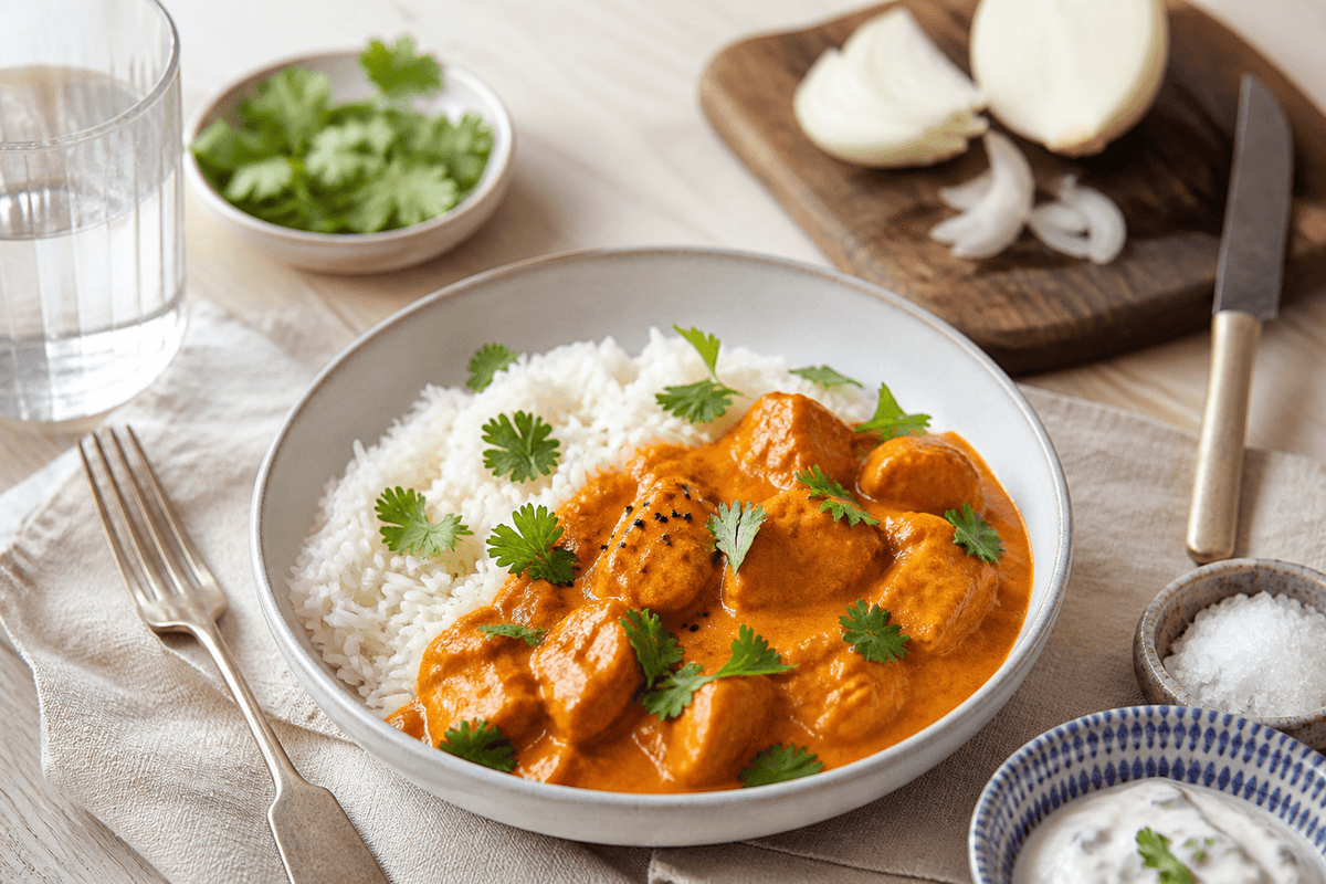 Chicken tikka masala anrettet i Madblikkets lyse nordiske billedstil med rettens vigtigste råvarer tydeligt synlige