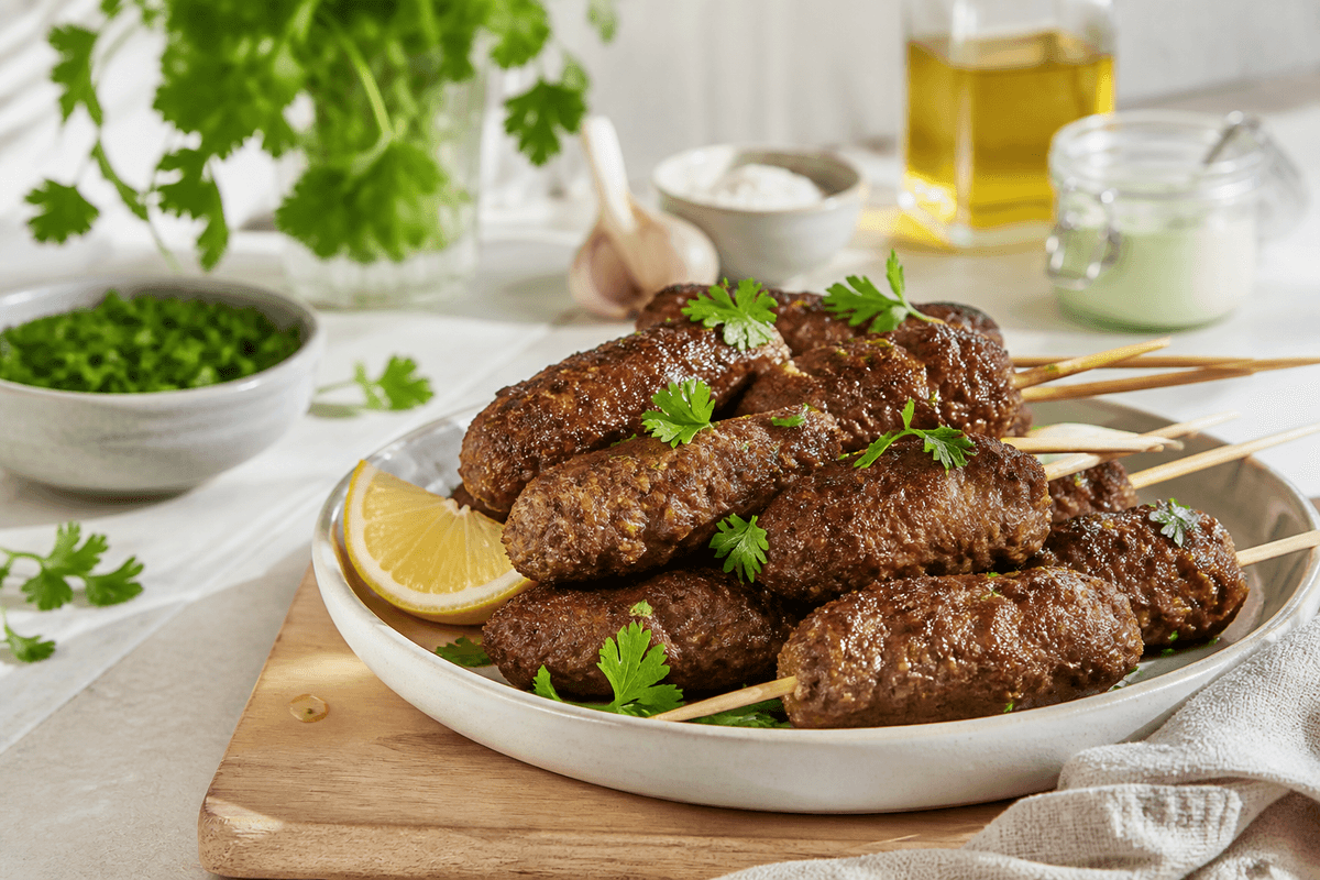 Kofta på spyd anrettet i Madblikkets lyse nordiske billedstil med rettens vigtigste råvarer tydeligt synlige