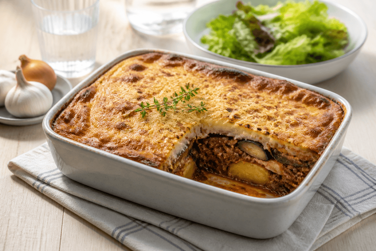 Moussaka med aubergine og kartofler anrettet i Madblikkets lyse nordiske billedstil med rettens vigtigste råvarer tydeligt synlige
