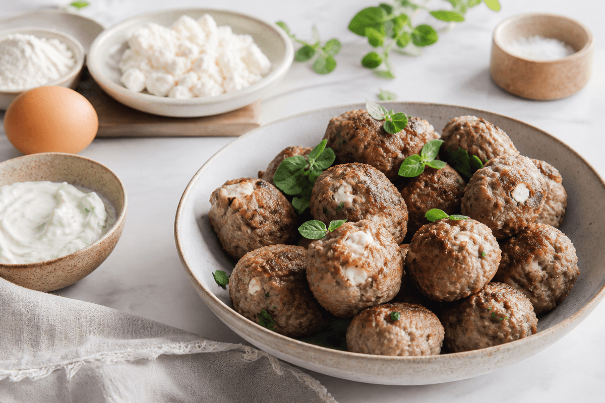 Græske frikadeller med feta anrettet i Madblikkets lyse nordiske billedstil med rettens vigtigste råvarer tydeligt synlige