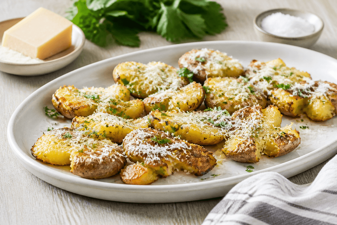 Knuste kartofler med hvidløgssmør og parmesan anrettet i Madblikkets lyse nordiske billedstil med rettens vigtigste råvarer tydeligt synlige