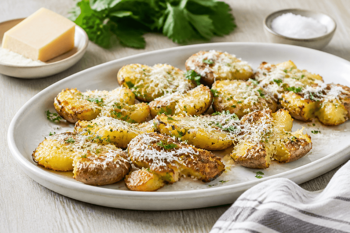 Knuste kartofler med hvidløgssmør og parmesan anrettet i Madblikkets lyse nordiske billedstil med rettens vigtigste råvarer tydeligt synlige