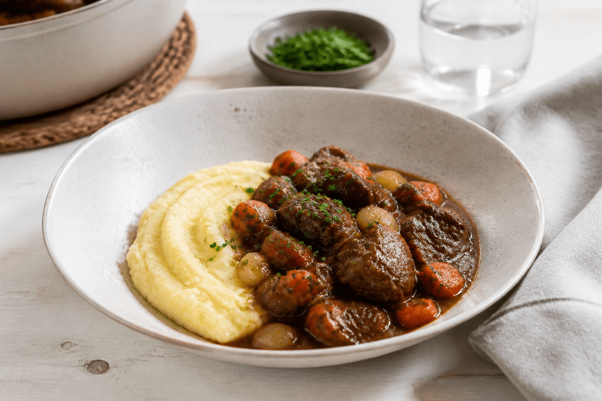 Ungarsk gullasch med den bedste kartoffelmos! anrettet i Madblikkets lyse nordiske billedstil med rettens vigtigste råvarer tydeligt synlige